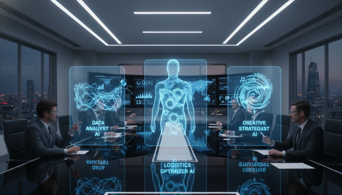 A high-tech corporate boardroom where human executives are interacting with sophisticated, translucent blue holographic representations of AI agents representing data, logistics, and creativity.