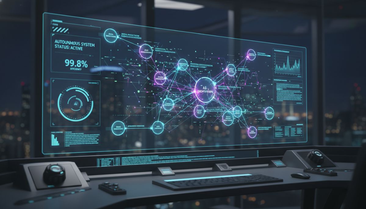 A futuristic digital dashboard showing multiple AI 'nodes' connected by glowing lines of data, illustrating a complex workflow being managed by an autonomous system.