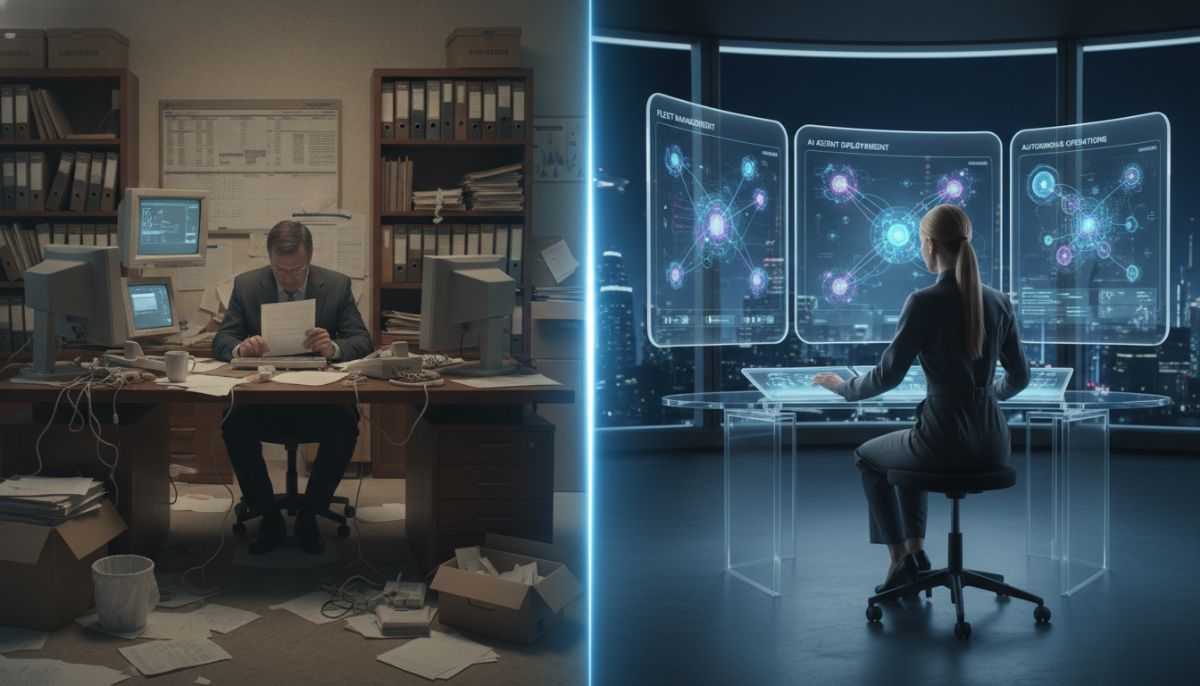 A split-screen visual showing a traditional cluttered office on one side and a clean, ultra-modern workspace on the other, where a single professional is managing a fleet of AI agents on multiple monitors.