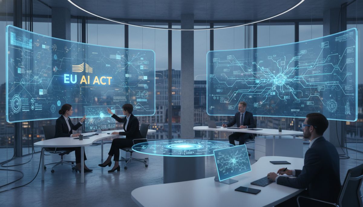 A high-tech legal office in Brussels with digital screens displaying the EU AI Act logo and complex network diagrams of neural networks being audited by human professionals.