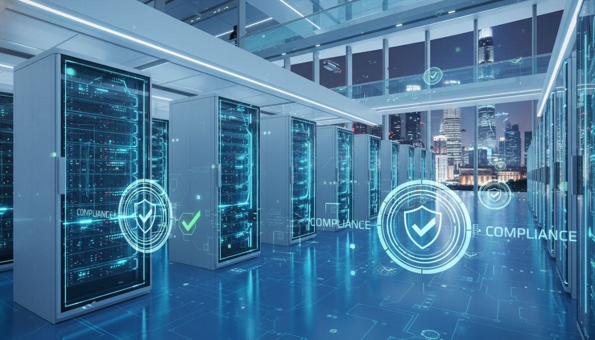 A futuristic data center in Shanghai where glowing blue servers are overlaid with digital security seals and compliance checkmarks in a sleek, professional aesthetic.