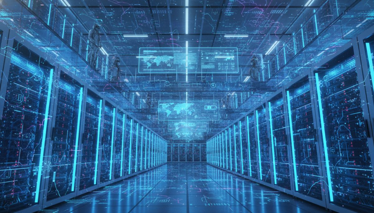 A futuristic data center with glowing blue server racks and complex neural network patterns overlaying the architecture, representing high-performance cloud computing and massive data processing power.