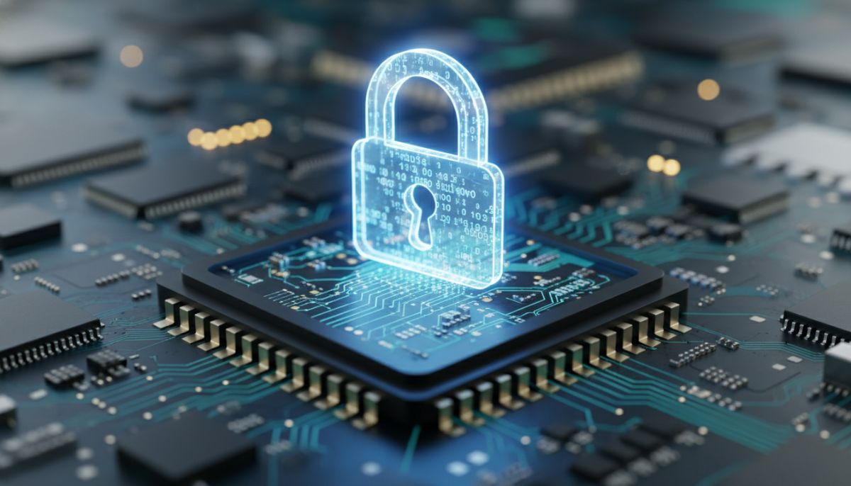 A macro shot of a sophisticated smartphone processor chip with a digital lock icon hovering over it, symbolizing secure local data processing and hardware-level security.