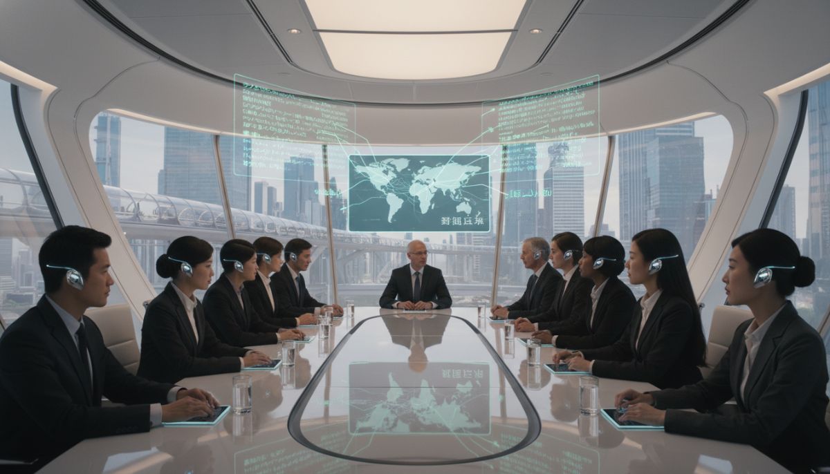 A futuristic corporate boardroom where executives from different cultures are wearing sleek earpieces, with holographic screens displaying translated text in real-time from various languages, ultra-realistic, professional lighting.