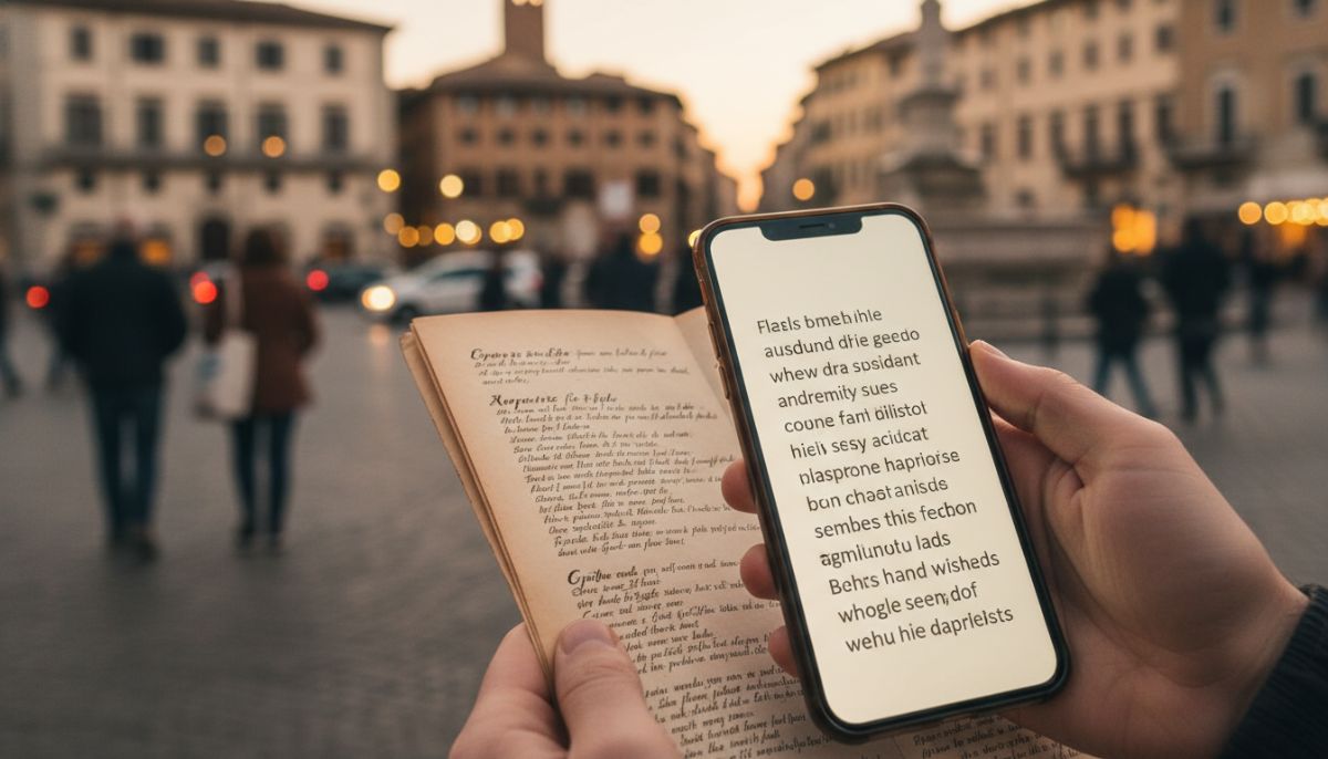 A traveler holding a high-end smartphone over a traditional menu in a foreign city, with the screen instantly overlaying the translated text in their native language using augmented reality, cinematic urban background.