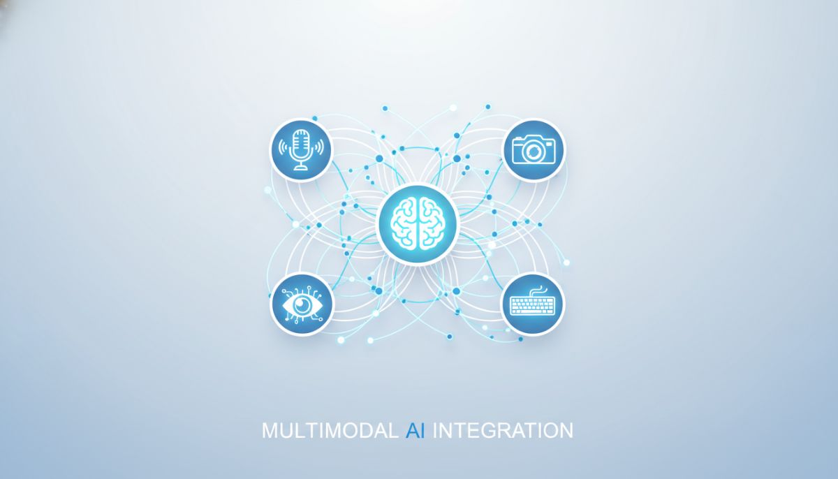 A visual representation of a neural network connecting different icons like a microphone, a camera, a keyboard, and a human brain, symbolizing multimodal AI integration, clean tech aesthetic, white and blue color palette.