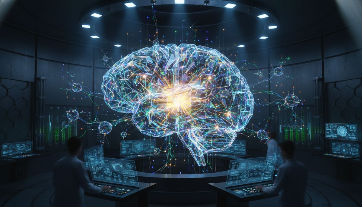 A highly detailed visualization of a complex neural architecture resembling a crystalline brain structure, with glowing pathways representing logic and reasoning flow, set against a dark, futuristic laboratory background, 8k resolution, cinematic lighting.
