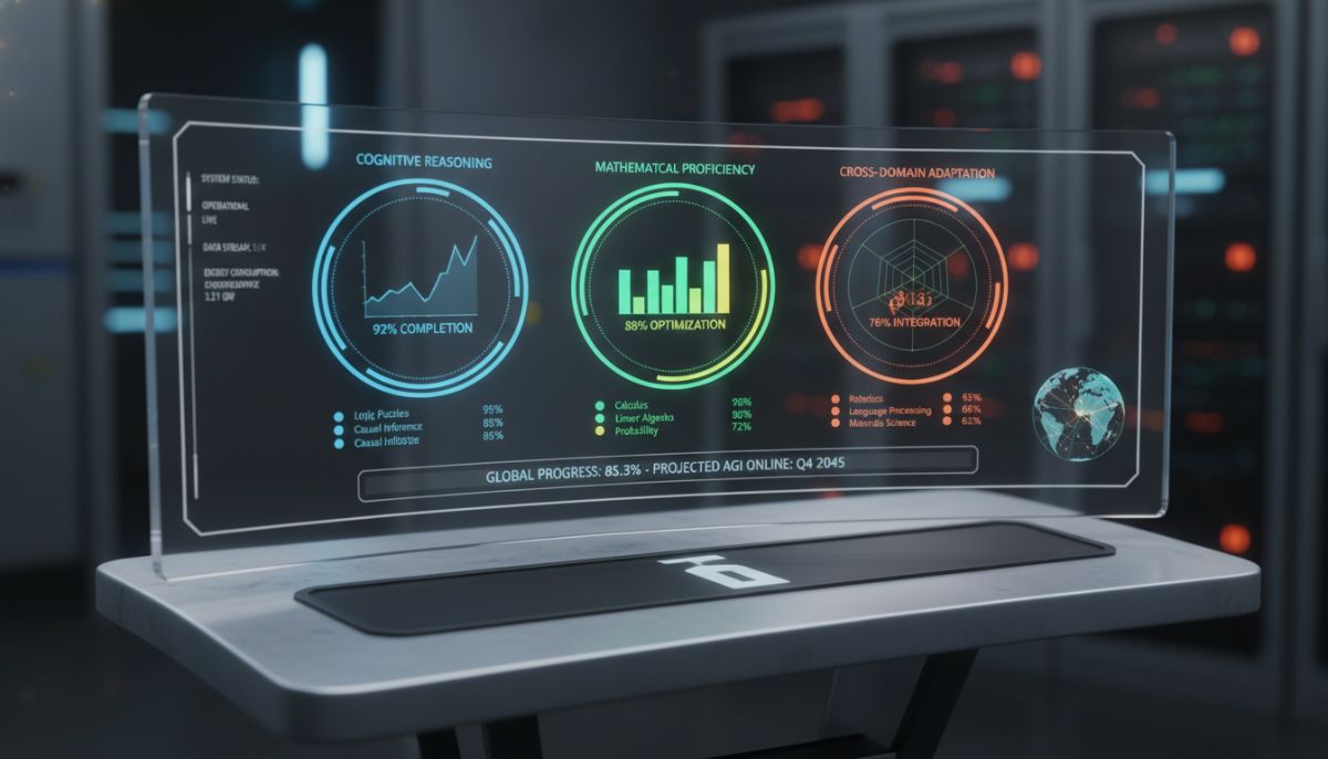 A sleek, professional dashboard displaying real-time AGI progress metrics, showing benchmarks for cognitive reasoning, mathematical proficiency, and cross-domain adaptation, with holographic charts and a clean futuristic interface.