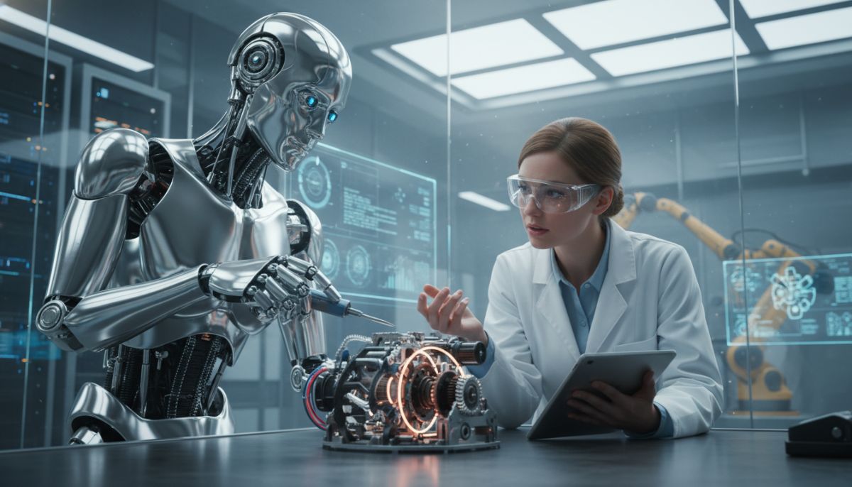 A humanoid robot and a human scientist working side-by-side in a high-tech research facility, examining a complex mechanical component, symbolizing the collaborative nature of physical AGI and human expertise, soft natural lighting, photorealistic.