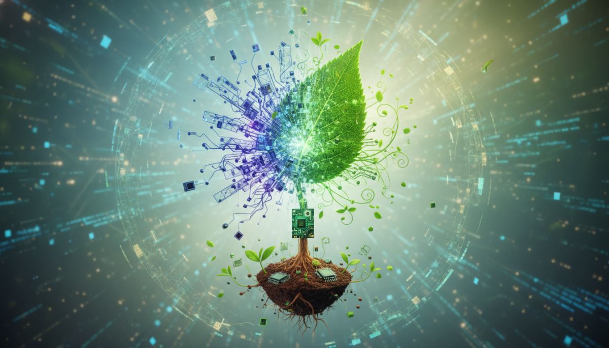 A conceptual 3D illustration of a digital neural network transforming into a lush green leaf, symbolizing the fusion of artificial intelligence and environmental sustainability.