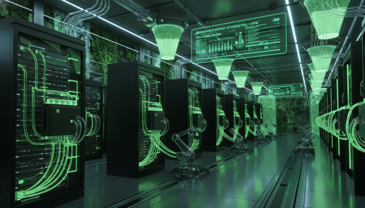 A futuristic, energy-efficient data center with rows of sleek server racks cooled by advanced liquid cooling systems, glowing soft green lights representing renewable energy integration.