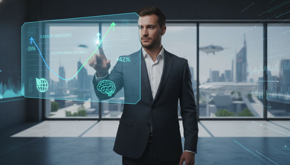A professional business executive pointing at a holographic dashboard showing a decrease in carbon emissions and an increase in AI computational efficiency metrics.
