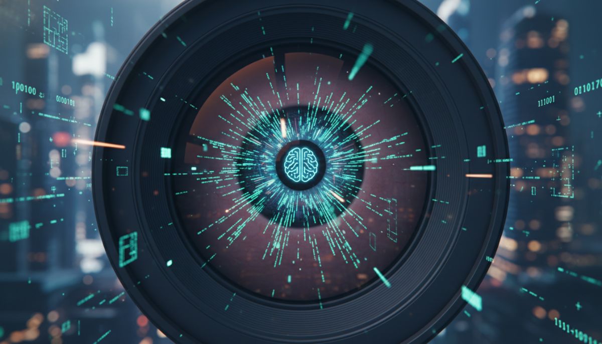A close-up of a human eye reflected in a high-resolution camera lens, with digital code and binary data flowing through the iris, symbolizing the fusion of human vision and AI technology.